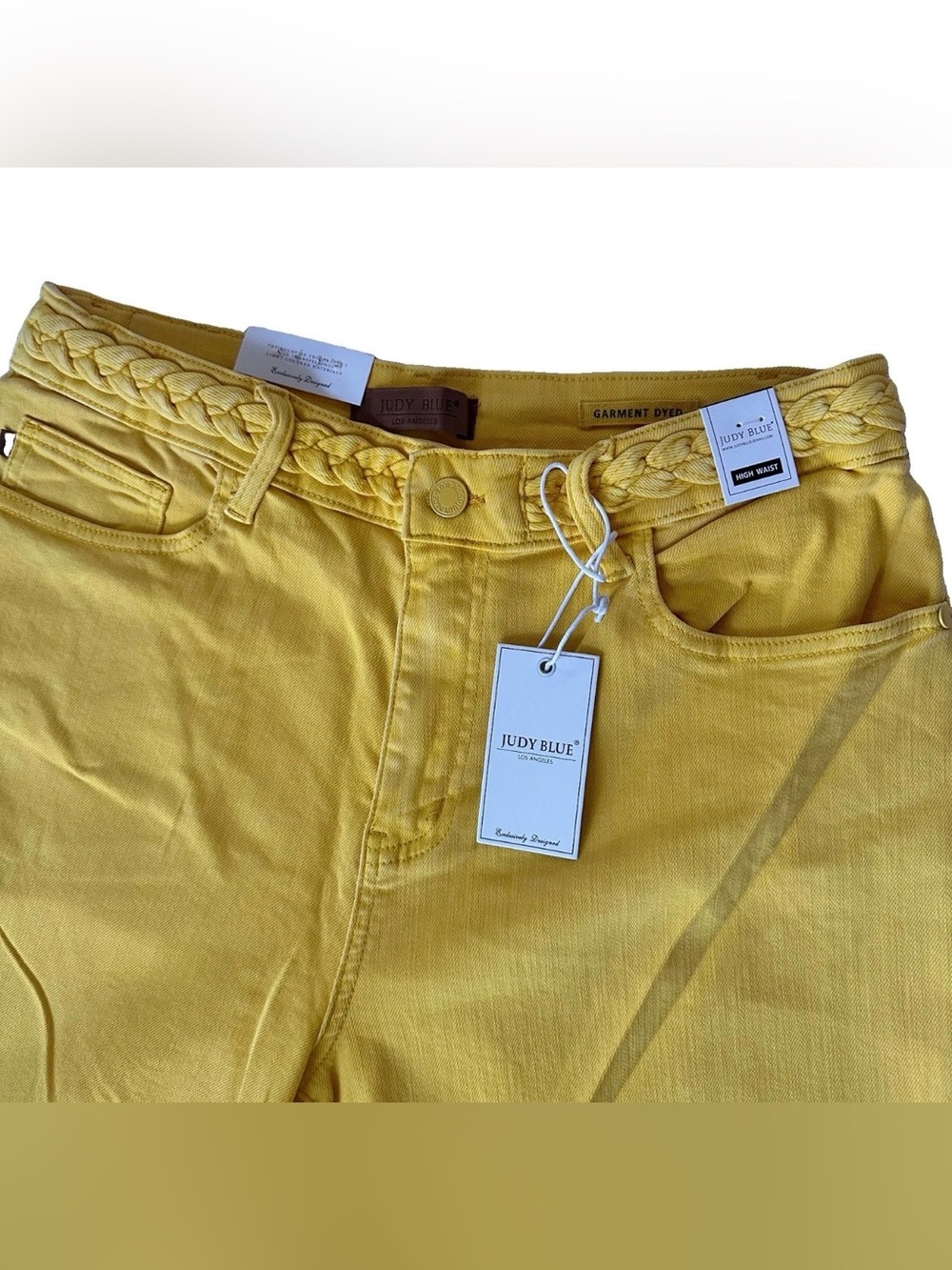 Judy Blue Yellow Braided Waistband Jeans 14W Wide Leg Crop Raw Hem Stretch NWT
